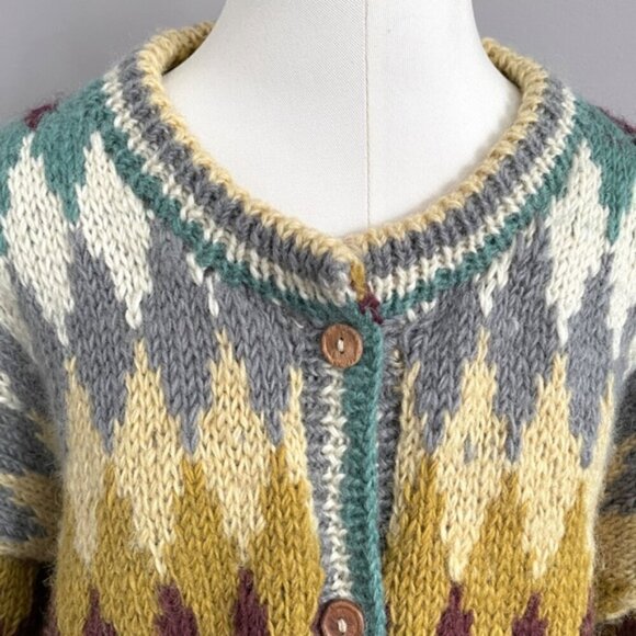 Handknit CHUNKY Colourful Diamond Wool Cardigan - L, made in Nepal 🇳🇵 - Picture 3 of 9
